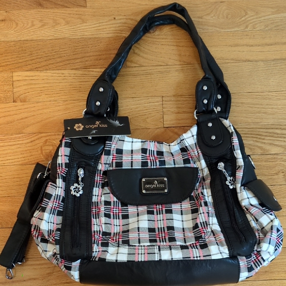 Angel Kiss- Black, White and Pink Plaid Shoulder Bag